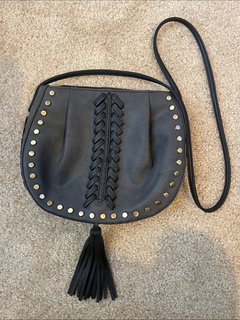 Dark Grey Braided Saddle Crossbody Bag with Gold Studs and Tassel